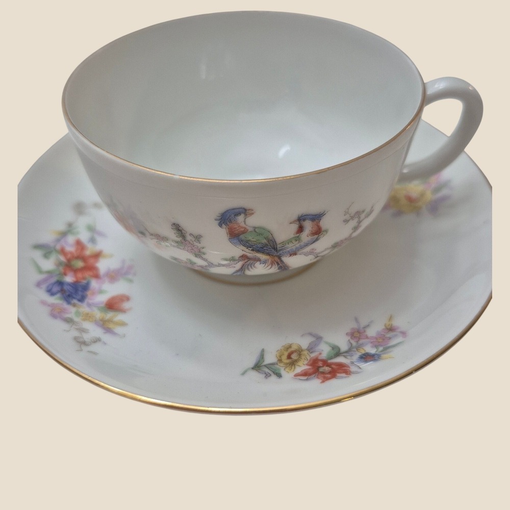 Carl Tielsch White Tea Cup Saucer Set 8pc Peasant Floral Antique 1920s Art Deco